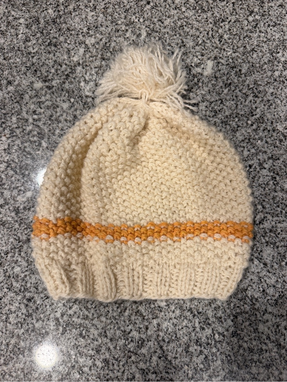 Cream Knit Pom-Pom Beanie with Orange Stripe